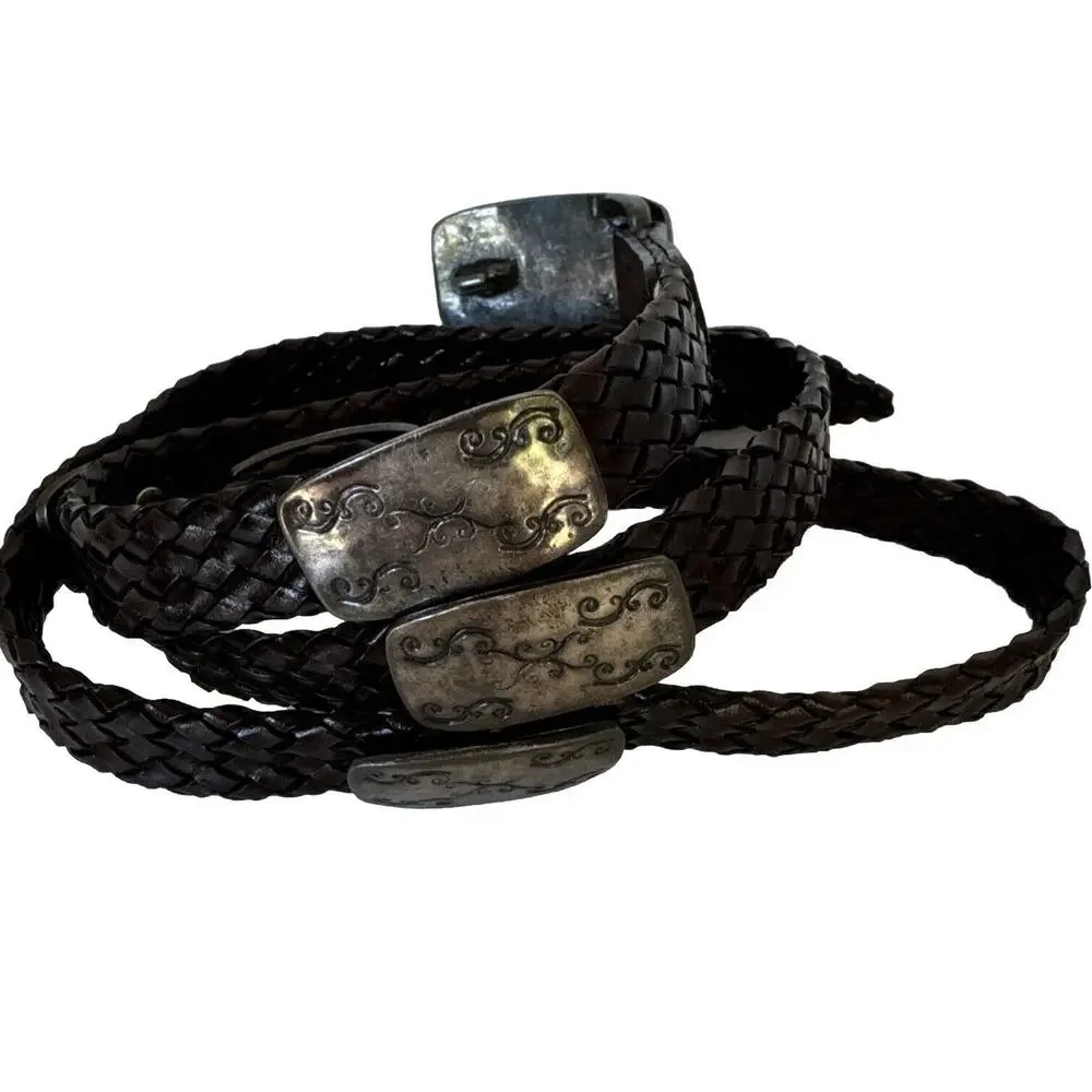 Women's Leather Belt Snake Brown Braided Made Italy Metal Details 37’
